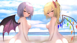  2girls absurdres arm_at_side ass bare_back bat_wings beach blonde_hair blue_hair blue_sky blush bow breasts closed_mouth cloud commentary completely_nude cowboy_shot crystal eyelashes eyes_visible_through_hair flandre_scarlet from_side frown hair_between_eyes hair_bow highres light_particles long_hair looking_at_viewer medium_breasts medium_hair multiple_girls no_headwear nude ocean out-of-frame_censoring outdoors red_bow red_eyes remilia_scarlet siblings side_ponytail sideboob sisters sitting sky smile sunlight szl touhou tsurime wings 
