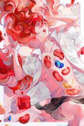  1other androgynous blue_gemstone collarbone colored_eyelashes commentary_request crystal_hair gem ghost_to_human highres hole_in_chest hole_on_body houseki_no_kuni long_hair one_eye_closed open_clothes open_mouth open_shirt other_focus padparadscha_(houseki_no_kuni) red_eyes red_gemstone red_hair shirt skort solo sparkle very_long_hair wavy_hair yawning yellow_gemstone 