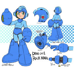  1boy :/ android ariga_hitoshi arm_cannon arm_up armor artist_name blue_armor blue_background blue_footwear blue_helmet bodysuit boots character_sheet checkered_background commentary_request concept_art facing_viewer from_behind full_body green_eyes helmet highres joints looking_to_the_side mechanical_parts mega_buster mega_man_(character) mega_man_(classic) mega_man_(series) multiple_views no_humans outstretched_arm robot robot_joints scanlines science_fiction signature simple_background standing thigh_boots turnaround weapon white_background 