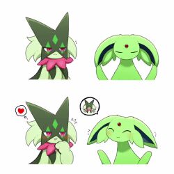  :3 alternate_color animated closed_eyes closed_mouth comic commentary_request creatures_(company) ear_wiggle espeon forehead_jewel game_freak gen_2_pokemon green_fur happy heart imitating light_blush looking_at_another meowscarada nintendo pink_eyes pokemon pokemon_(creature) shiny_pokemon silent_comic simple_background slit_pupils smile speech_bubble spoken_character spoken_heart tagme taro_(tontaro) thought_bubble upper_body video white_background 