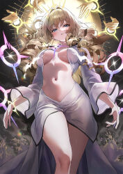  1girl blonde_hair blue_eyes breasts commentary crown_(naked_king)_(nikke) disembodied_hand drill_hair goddess_of_victory:_nikke highres light_censor long_hair looking_at_viewer medium_breasts naked_robe navel robe simple_background solo sonsoso symbol-only_commentary white_robe  rating:Sensitive score:16 user:danbooru