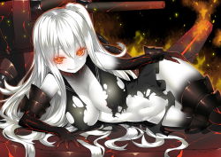  10s 1girl :q abyssal_ship aircraft_carrier_princess bad_anatomy bad_hands breasts cleavage colored_skin female_focus glowing glowing_eyes kantai_collection large_breasts long_hair looking_at_viewer lying navel on_side one_side_up orange_eyes pale_skin poorly_drawn side_ponytail sky-freedom smile solo tongue tongue_out torn_clothes very_long_hair white_hair white_skin  rating:Questionable score:41 user:danbooru
