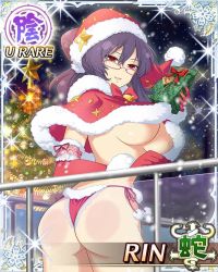 1girl against_glass ass ass_press breasts cape card_(medium) character_name christmas christmas_tree come_hither elbow_gloves emblem from_behind glasses gloves hat large_breasts long_hair looking_at_viewer purple_hair red_eyes santa_costume santa_hat senran_kagura shiny_skin smile solo rin_(senran_kagura) thong underboob rating:Questionable score:28 user:armorcrystal
