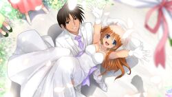  1boy 1girl aged_up aizawa_yuuichi arms_up bare_shoulders bead_necklace beads blue_eyes blush bouquet breasts bridal_gauntlets bridal_veil bride brown_hair carrying cleavage collared_shirt commentary commentary_request commission couple dress earrings flower formal grin groom hair_ornament hair_ribbon happy holding jewelry kanon long_dress long_hair long_sleeves looking_at_viewer medium_breasts mitarashi_kousei necklace necktie orange_hair outdoors pants petals princess_carry ribbon ring rose sawatari_makoto shirt short_hair sidelocks skeb_commission smile spiked_hair standing strapless strapless_dress suit veil very_long_hair wedding wedding_dress wedding_ring white_dress white_pants white_shirt white_suit wind 