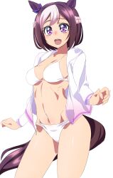  1girl :d absurdres animal_ears bikini blue_ribbon bow breasts brown_hair ear_ribbon highres horse_ears horse_girl horse_tail looking_at_viewer medium_breasts multicolored_hair navel oimanji open_clothes open_mouth open_shirt purple_eyes ribbon shirt short_hair simple_background smile solo special_week_(umamusume) streaked_hair swimsuit tail umamusume white_background white_bikini white_hair white_shirt  rating:Sensitive score:10 user:danbooru