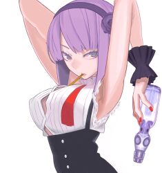  1girl armpits arms_behind_head bottle breasts bursting_breasts button_gap cleavage dagashi_kashi half-closed_eyes highres large_breasts looking_at_viewer medium_hair mouth_hold no_bra parted_lips purple_eyes purple_hair seductive_gaze shidare_hotaru smile solo 
