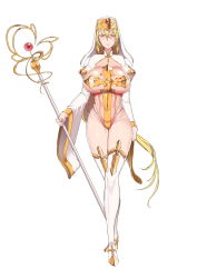 1girl bad_id bad_pixiv_id blonde_hair breasts closed_eyes commentary_request covered_navel cross_bikini crotch_strap dress era_(erasion) floating_hair full_body hair_between_eyes half-closed_eyes hat highleg highres holding holding_staff huge_breasts korean_commentary long_hair long_sleeves looking_at_viewer nun original red_eyes shiny_skin simple_background skindentation smile solo staff standing thighhighs very_long_hair white_background white_dress white_hat white_thighhighs wide_sleeves rating:Questionable score:152 user:danbooru