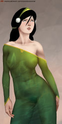  1girl absurdres aged_up artist_request avatar:_the_last_airbender avatar_legends black_hair blind breasts dress female_focus green_dress highres nipples no_bra no_panties pubic_hair see-through source_request toph_bei_fong  rating:Questionable score:101 user:ExodusIsNear