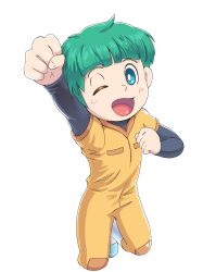  1boy absurdres ass blue_eyes blush child doraemon green_hair highres looking_at_viewer looking_back male_focus open_mouth roppuru solo takeru33 transparent_background 