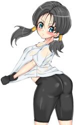  1girl ass bike_shorts black_hair blue_eyes blush breasts closed_mouth dragon_ball dragonball_z freedom_xdrive gloves highres long_hair looking_at_viewer shirt simple_background solo twintails videl white_background white_shirt  rating:Sensitive score:6 user:danbooru