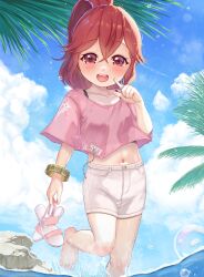  1girl absurdres anna_(fire_emblem) barefoot black_undershirt blue_sky bracelet cloud feet female_focus fire_emblem fire_emblem_engage foot_out_of_frame high_ponytail highres holding_sandals icecream_(kwsu2482) jewelry legs loli long_hair looking_at_viewer midriff nintendo open_mouth outdoors pink_shirt red_eyes red_hair see-through see-through_shirt shirt shorts sky smile solo standing toenails toes wading white_shorts  rating:Sensitive score:49 user:danbooru