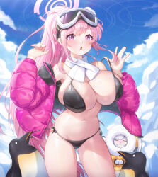  2girls :o absurdres bare_shoulders bikini bird black_bikini blue_archive blush breasts cleavage closed_mouth commentary cowboy_shot day eimi_(blue_archive) eimi_(swimsuit)_(blue_archive) gluteal_fold goggles goggles_on_head halo highres himari_(blue_archive) huge_breasts jacket long_hair long_sleeves morung multiple_girls navel off_shoulder official_alternate_costume open_clothes open_jacket open_mouth outdoors penguin pink_hair pink_halo pink_jacket ponytail purple_eyes revision side-tie_bikini_bottom ski_goggles smile snot solo_focus stomach swimsuit thighs unzipped white_hair winter yellow_jacket 