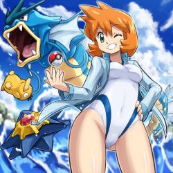 ;d blue_eyes blue_sky breasts cloud competition_swimsuit covered_navel creatures_(company) day game_freak gen_1_pokemon green_eyes groin gyarados gym_leader hand_on_own_hip highleg highleg_swimsuit jacket looking_at_viewer misty_(pokemon) nintendo ocean one-piece_swimsuit one_eye_closed open_clothes open_jacket open_mouth orange_hair poke_ball poke_ball_(basic) pokemoa pokemon pokemon_(creature) pokemon_hgss psyduck short_hair sky smile starmie swimsuit teeth thighs track_jacket water waves white_one-piece_swimsuit rating:Sensitive score:50 user:danbooru