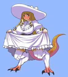  1girl blonde_hair blue_background blunt_bangs breasts claws clothes_lift dinosaur_girl dress dress_lift hat highres huge_breasts juliet_sleeves long_sleeves naniwadou original puffy_sleeves ringlets scales shirt_lift simple_background smile solo sun_hat taur white_dress 