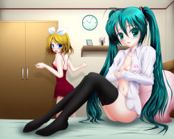  2girls ahoge bed black_legwear blonde_hair blue_eyes blue_hair blush bow clock closet covering_breasts covering_privates dress embarrassed green_hair hair_bow hair_tie hatsune_miku implied_yuri kagamine_rin long_hair multiple_girls neck no_bra on_bed open_clothes open_mouth open_shirt panties pillow shirt sitting standing striped_clothes striped_panties thighhighs twintails underwear very_long_hair vocaloid white_bow white_shirt yamaha  rating:Questionable score:8 user:sykeash