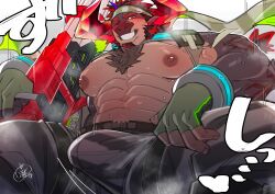  1boy abs absurdres bara blush bulge chest_hair commentary_request cow_boy cow_horns fingerless_gloves furry furry_male gatling_gun gloves green_gloves green_headband gun headband highres holding holding_gun holding_weapon horns live_a_hero looking_at_viewer male_focus muscular muscular_male nipples obsidius_(live_a_hero) one_eye_closed pectorals pontaro red_eyes sweat topless_male very_sweaty weapon 