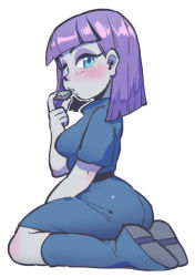 1girl bad_id bad_pixiv_id blue_eyes blunt_bangs blush boots colored_skin expressionless from_behind full_body grey_skin looking_at_viewer maud_pie my_little_pony my_little_pony:_equestria_girls my_little_pony:_friendship_is_magic personification purple_hair sanjiro_(tenshin_anman) short_hair simple_background sitting solo wariza white_background rating:Sensitive score:50 user:danbooru