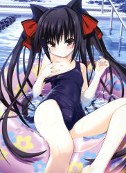  1boy absurdres animal_ears bare_shoulders black_hair blush bow bulge cat_ears cat_tail clothes_pull crossdressing erection erection_under_clothes flat_chest floral_print hair_bow highres innertube lane_line long_hair looking_at_viewer male_focus nipples off_shoulder one-piece_swimsuit one-piece_swimsuit_pull original parted_lips pool puffy_chest reclining red_eyes school_swimsuit shiny_clothes skindentation solo swim_ring swimsuit tail takahashi_tetsuya trap twintails very_long_hair wet wet_clothes  rating:Questionable score:94 user:danbooru