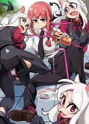  4girls absurdres animal_ears ass black_necktie black_pants black_vest bongfill braid braided_ponytail breasts cerberus_(helltaker) chainsaw_man collared_shirt commentary_request demon_tail dog_ears fangs hair_over_shoulder helltaker highres holding holding_leash large_breasts leash long_hair looking_at_another looking_at_viewer looking_down makima_(chainsaw_man) matching_outfits medium_breasts medium_hair multiple_girls necktie open_mouth pants pouring red_eyes red_hair red_shirt ringed_eyes shared_sense shirt shirt_tucked_in smile tail tongue tongue_out triplets vest waistcoat white_hair white_shirt yellow_eyes  rating:Sensitive score:37 user:danbooru