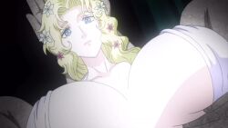  1girl animated aphrodite_(shuumatsu_no_valkyrie) blonde_hair blue_eyes bouncing_breasts breasts curly_hair flower flower_on_head highres huge_breasts looking_at_viewer revealing_clothes screencap shuumatsu_no_valkyrie tagme video  rating:Sensitive score:43 user:schizombie
