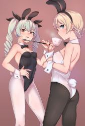  10s 2girls anchovy_(girls_und_panzer) animal_ears ass back bad_id bad_pixiv_id bare_arms bare_shoulders blonde_hair blue_eyes blush bow bowtie braid breasts rabbit_ears rabbit_tail covered_navel cup darjeeling_(girls_und_panzer) detached_collar drill_hair covered_erect_nipples fake_animal_ears female_focus girls_und_panzer green_hair hand_on_own_hip highres holding holding_cup kyuuso_inukami leotard long_hair looking_at_viewer looking_to_the_side multiple_girls naughty_face neck pantyhose playboy_bunny red_eyes riding_crop short_hair silver_hair small_breasts smile standing steam strapless strapless_leotard tail teacup twin_drills twintails white_legwear wrist_cuffs  rating:Sensitive score:42 user:danbooru