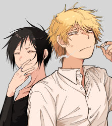  2boys anger_vein annoyed black_hair black_shirt blonde_hair brown_eyes cigarette closed_mouth collared_shirt commentary_request covering_own_mouth doraiya_ayiarod durarara!! grey_background hand_over_own_mouth heiwajima_shizuo holding holding_cigarette jewelry looking_at_another looking_back male_focus messy_hair multiple_boys narrowed_eyes orihara_izaya red_eyes ring shirt short_hair smile smoke smoking smug upper_body white_shirt 