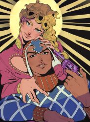 2boys argyle argyle_clothes argyle_sweater black_eyes blonde_hair braid cleavage_cutout clothing_cutout giorno_giovanna guido_mista gun h_ikusaa halo hand_on_another&#039;s_head hand_on_another&#039;s_shoulder handgun hat highres jacket jojo_no_kimyou_na_bouken light lips long_hair long_sleeves looking_at_viewer male_focus multiple_boys parted_lips pink_jacket school_uniform smile sweater turtleneck vento_aureo weapon 