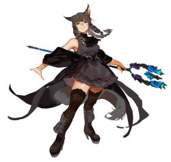  1girl animal_ears black_cape black_dress black_footwear black_thighhighs boots brown_hair cape double-parted_bangs dress drill_hair drill_sidelocks facing_viewer final_fantasy final_fantasy_xiv full_body glasses grey_eyes head_tilt high_heel_boots high_heels highres holding holding_trident holding_weapon knee_boots mafuin_da miqo&#039;te off_shoulder painterly parted_lips polearm ponytail sidelocks simple_background sleeveless sleeveless_dress smile solo tail thighhighs three_quarter_view trident warrior_of_light_(ff14) weapon white_background 