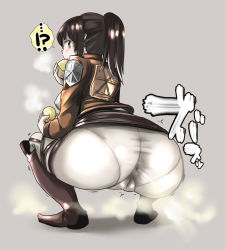  !? 1girl anus ass boots breasts brown_background brown_eyes brown_hair cameltoe cleft_of_venus dokuro-san fart full_body impossible_clothes large_breasts looking_at_viewer pants pantylines ponytail potato sasha_blouse shingeki_no_kyojin short_hair simple_background solo squatting tight_clothes tight_pants  rating:Questionable score:143 user:pineswipe