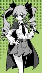  1girl akableak anchovy_(girls_und_panzer) cape closed_mouth collared_shirt drill_hair expressionless girls_und_panzer greyscale_with_colored_background hair_ribbon hand_on_own_hip highres holding holding_riding_crop long_hair long_sleeves looking_at_viewer necktie pleated_skirt ribbon riding_crop school_uniform shirt skirt solo twin_drills very_long_hair  rating:General score:11 user:danbooru