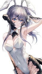  1girl absurdres animal_ears arm_at_side au_ra bare_shoulders black_horns black_scales black_tail blue_eyes breasts cleavage covered_navel detached_collar dragon_girl dragon_horns dragon_tail fake_animal_ears final_fantasy final_fantasy_xiv fishnet_pantyhose fishnets grey_hair hand_to_head highleg highleg_leotard highres horns leotard long_hair looking_at_viewer maho_moco medium_breasts pantyhose playboy_bunny rabbit_ears scales side_ponytail simple_background solo strapless strapless_leotard tail warrior_of_light_(ff14) white_background wing_collar wrist_cuffs 