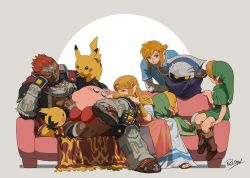  1girl arm_on_knee armor artist_name assemblerones bandaged_arm bandages belt belt_collar blonde_hair blue_eyes blush boots cape child collar collared_shirt couch creatures_(company) crown dark-skinned_male dark_skin dress dress_shirt game_freak ganondorf gauntlets gen_1_pokemon gen_2_pokemon gerudo gloves glowing glowing_eyes hand_on_own_face hat kirby kirby_(series) leather_belt leg_armor link long_hair long_sideburns long_skirt long_sleeves looking_at_another lying mask mature_male meta_knight multiple_boys muscular muscular_male nintendo on_back one_eye_closed pichu pikachu pointy_ears pointy_hat pointy_nose pokemon princess_zelda red_hair sandals shirt short_sleeves shoulder_armor shoulder_pads sideburns sitting skirt spiked_hair super_smash_bros. t-shirt the_legend_of_zelda the_legend_of_zelda:_a_link_between_worlds the_legend_of_zelda:_breath_of_the_wild the_legend_of_zelda:_ocarina_of_time thick_eyebrows tight_clothes toon_link tunic yellow_eyes young_link  rating:General score:32 user:danbooru