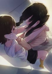 2girls all_fours ass black_hair black_shorts blush brown_hair couch couple dutch_angle eichan_(eichanidfi) eye_contact face-to-face grey_pants hand_on_another&#039;s_cheek hand_on_another&#039;s_face highres lens_flare long_hair long_sleeves looking_at_another lying multiple_girls on_back original pants shirt short_hair short_sleeves shorts smile sweater t-shirt twintails white_shirt yellow_sweater yuri rating:Sensitive score:64 user:danbooru
