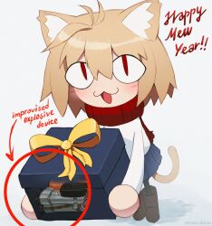  &lt;|&gt;_&lt;|&gt; 1girl absurdres animal_ear_fluff animal_ears arrow_(symbol) artist_name blue_skirt blush bomb boots brown_footwear cat_ears cat_tail chibi circle commentary english_commentary english_text explosive full_body happy_new_year highres looking_at_viewer neco-arc new_year parasoru_buruu pipe_bomb shirt skirt snow solo standing tail tsukihime white_shirt x-ray 