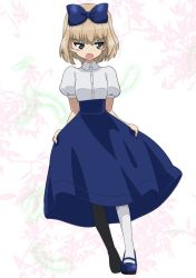 1girl blonde_hair blue_bow blue_eyes blue_footwear blue_skirt blush_stickers bow collared_shirt commentary dutch_angle fang floral_background formal frown full_body girls_und_panzer hair_bow high-waist_skirt katyusha_(girls_und_panzer) looking_at_viewer mary_janes medium_skirt nao_(nao_puku777) open_mouth pantyhose puffy_short_sleeves puffy_sleeves shirt shoes short_hair short_sleeves skin_fang skirt skirt_hold solo standing white_background white_pantyhose white_shirt rating:Sensitive score:4 user:danbooru