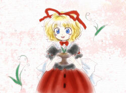  1girl :d back_bow black_shirt blonde_hair blue_eyes bow flower hair_ribbon holding lily_of_the_valley medicine_melancholy medinki official_style open_mouth plant potted_plant puffy_short_sleeves puffy_sleeves red_bow red_ribbon red_skirt ribbon shirt short_hair short_sleeves skirt smile solo teeth touhou upper_teeth_only white_bow zun_(style) 