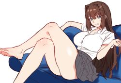  1girl aozaki_aoko barefoot blue_eyes breasts brown_hair collared_shirt commentary couch crossed_legs ebora english_commentary grey_skirt hair_between_eyes hair_intakes highres large_breasts long_hair looking_at_viewer mahou_tsukai_no_yoru miniskirt on_couch parted_lips scowl shirt sitting skirt solo sweatdrop white_background white_shirt 