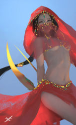  1girl arabian_clothes arms_behind_back bare_arms black_hair breasts dagger dancer dark-skinned_female dark_skin earrings ghostblade green_eyes harem_outfit headband highres holding holding_weapon jewelry knife long_hair looking_at_viewer low-tied_long_hair midriff mouth_veil navel original parted_lips ponytail see-through small_breasts solo stomach tiara underboob veil weapon wlop  rating:Sensitive score:37 user:danbooru