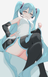 1girl absurdres aqua_eyes aqua_hair aqua_necktie armpits black_skirt black_sleeves black_thighhighs blush breasts crossed_legs detached_sleeves dot_nose double-parted_bangs feet_out_of_frame from_below grey_background grin hand_on_own_hip hatsune_miku headset highres holding_own_hair kawasuru_(15miclon) long_hair looking_at_viewer medium_breasts necktie pleated_skirt shirt simple_background sitting skirt sleeveless sleeveless_shirt small_pupils smile solo thighhighs thighs very_long_hair vocaloid white_shirt wide_sleeves 