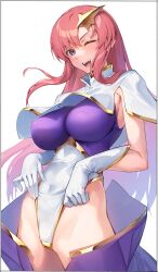  1girl blush breasts cape covered_erect_nipples covered_navel gloves gundam gundam_seed gundam_seed_destiny hair_ornament highleg highleg_leotard highres impossible_clothes impossible_leotard kei_(soundcross) large_breasts leotard leotard_lift long_hair looking_at_viewer meer_campbell multicolored_leotard one_eye_closed open_mouth pink_hair purple_eyes purple_leotard simple_background smile solo star_(symbol) star_hair_ornament white_background white_cape white_gloves white_leotard  rating:Questionable score:8 user:danbooru