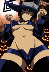  blair_(soul_eater) breasts cat_girl cleft_of_venus cosplay costume halloween halloween_costume hat highres jack-o&#039;-lantern kali_belladonna mature_female moon navel pumpkin pussy cameltoe rooster_teeth rwby smile soul_eater spellcaster_knight witch_hat  rating:Explicit score:73 user:LORDSIDIUS