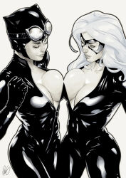  2girls batman_(series) black_cat_(marvel) bodysuit breast_focus breast_press breasts breasts_squeezed_together catwoman choker cleavage dc_comics domino_mask eyewear_on_head felicia_hardy greyscale latex latex_bodysuit long_hair looking_at_breasts looking_down marvel mask monochrome multiple_girls redgvicente revealing_clothes selina_kyle signature simple_background spider-man_(series) symmetrical_docking white_background white_hair 