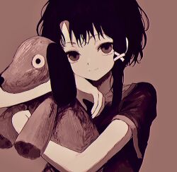  1girl black_hair brown_background brown_eyes brown_shirt closed_mouth collarbone empty_eyes hair_ornament highres hugging_doll hugging_object iwakura_lain looking_at_viewer serial_experiments_lain shirt short_hair short_sleeves simple_background single_sidelock smile solo stuffed_animal stuffed_dog stuffed_toy upper_body x_hair_ornament yuyuyuyhz 