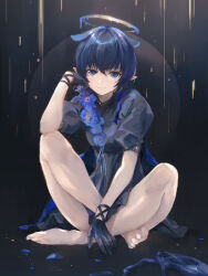  1girl barefoot blue_dress blue_eyes blue_flower blue_gloves blue_hair breasts crossed_legs dark_background dress feet flower flower_on_chest flower_ornament full_body gloves halo hand_on_own_face high_collar highres hololive hololive_english knees_up legs light_particles liquid_halo looking_at_viewer meconopsis_(ninomae_ina&#039;nis) melting_halo ninomae_ina&#039;nis official_alternate_costume official_alternate_hairstyle pointy_ears puffy_short_sleeves puffy_sleeves short_hair short_sleeves sitting small_breasts solo tallgeese_(lgeesel) toenails toes virtual_youtuber 