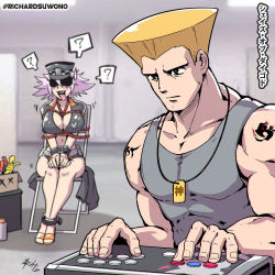  1boy 1girl ? arcade_stick bdsm blonde_hair bondage bound bound_ankles bound_wrists breast_bondage breasts capcom_cup commentary controller dog_tags english_commentary flattop fuudo game_controller guile joystick kuso_miso_technique large_breasts narrow_waist playing_games poison_(final_fight) red_rope richard_suwono rope shibari shibari_over_clothes sitting spoken_question_mark street_fighter street_fighter_v tank_top translation_request umehara_daigo 