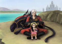 1boy 1girl bayonetta bayonetta bayonetta_(panther) bayonetta_(series) beach black_hair black_panther blue_sky capcom castle cereza chain child crazy_(artist) creator_connection crossover dante_(devil_may_cry) day devil_may_cry_(series) dress dual_persona glasses indian_style long_hair outdoors panther ribbon semi-rimless_eyewear sitting sitting_on_lap sitting_on_person sky stuffed_animal stuffed_cat stuffed_toy under-rim_eyewear water white_hair rating:Sensitive score:12 user:danbooru
