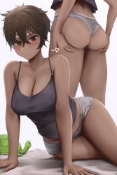 1girl absurdres arm_support ass ass_support bare_shoulders black_hair blush borrowed_character breasts brown_eyes camisole cleavage closed_mouth collarbone commentary dark-skinned_female dark_skin eko.art english_commentary grey_panties hair_between_eyes heart highres large_breasts micchan_(ohisashiburi) multiple_views panties short_hair simple_background smile solo standing stuffed_turtle thighs tomboy underwear white_background rating:Questionable score:186 user:danbooru
