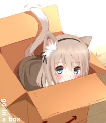 1girl amazon_(company) animal_ears aqua_eyes black_ribbon blush box brown_hair cardboard_box cat_ears cat_girl cat_tail covered_mouth english_text from_above hair_between_eyes hair_ribbon in_box in_container light_brown_hair looking_at_viewer non_(wednesday-classic) original ribbon solo sweater tail tail_wagging rating:Sensitive score:33 user:danbooru