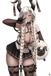  1girl absurdres animal asymmetrical_bangs azur_lane black_choker black_skirt blonde_hair blush boots bow braid breasts brown_eyes brown_footwear brown_gloves brown_horns choker cleavage collarbone dark_skin deformed earrings fishnet_gloves fishnet_thighhighs fishnets gloves gold_trim hair_ornament hair_over_one_eye hairclip hand_up high-waist_skirt highres holding holding_animal horn_ornament horns huge_breasts jewelry lace-trimmed_choker lace_trim long_hair looking_at_viewer low_twin_braids low_twintails mole mole_under_mouth o-ring owari_(azur_lane) pleated_skirt sakuramon sheep simple_background single_earring skirt smile teeth thigh_boots thighhighs thighs twin_braids twintails very_long_hair w white_background white_bow zekong_pioneer 