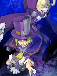  1boy 1girl android arc_system_works bad_id bad_pixiv_id blazblue blazblue:_calamity_trigger blonde_hair blue_eyes boots cape capelet carl_clover child claws doll dress earrings glasses gloves hat headdress highres jewelry long_arms marionette nirvana_(blazblue) puppet purple_footwear robot shorts single_earring soto top_hat white_eyes  rating:Sensitive score:6 user:corvus
